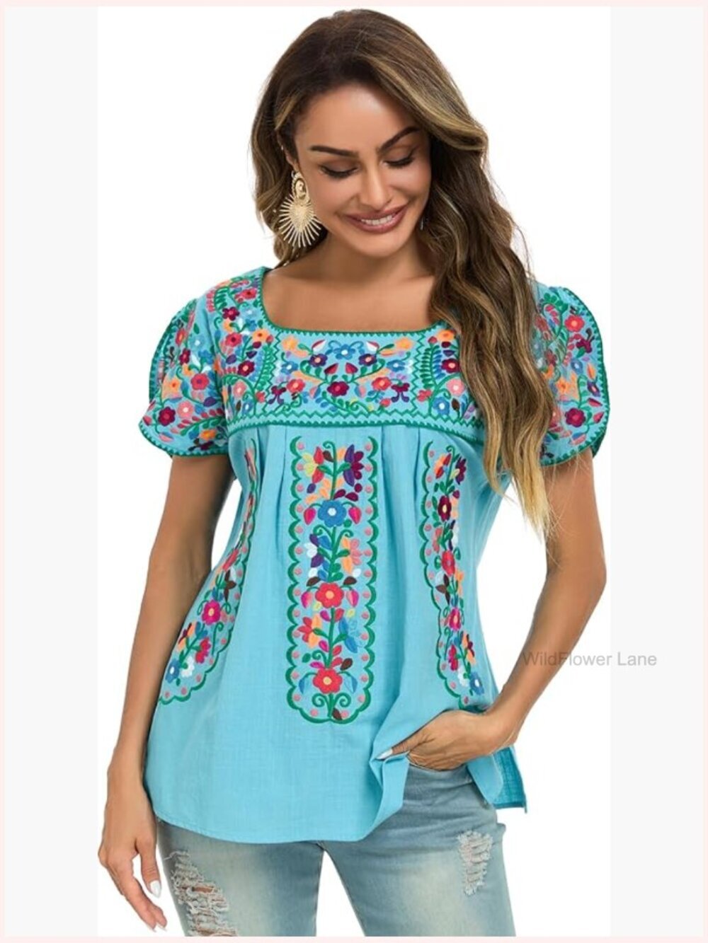 Embroidered Peasant Tunic Blouse Flowy Cotton Bohemian